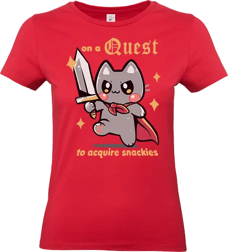 On a Quest to acquire snackies - Katze, rpg Katze, Fantasy-Katze, kawaii Abenteuer, cat, snacks, snackies, snacking, rpg cat, fantasy cat, kawaii adventure, funny cat, meme, food, medieval, sword, eating, foodie - Standard T-Shirt (Frauen)