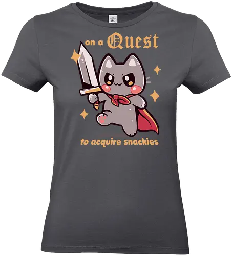On a Quest to acquire snackies - Katze, rpg Katze, Fantasy-Katze, kawaii Abenteuer, cat, snacks, snackies, snacking, rpg cat, fantasy cat, kawaii adventure, funny cat, meme, food, medieval, sword, eating, foodie - Standard T-Shirt (Frauen)