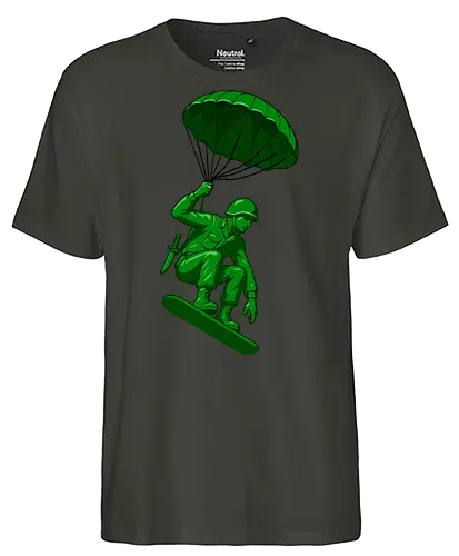 green toy soldier - soldier, toy, parachute, military, green, airborne, plastic, skydiver, figurine, vintage - Fairtrade T-Shirt