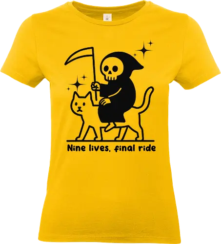 Nine lives, final ride - text, monochrome, grim reaper, cat, humor, cartoon, whimsical, dark comedy, scythe, sparkle - Standard T-Shirt (Frauen)