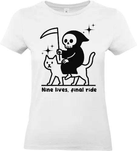 Nine lives, final ride - text, monochrome, grim reaper, cat, humor, cartoon, whimsical, dark comedy, scythe, sparkle - Standard T-Shirt (Frauen)