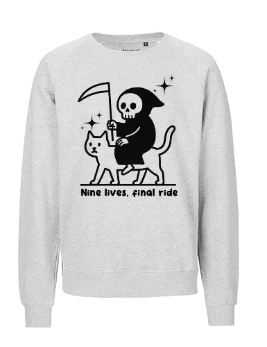 Nine lives, final ride - text, monochrome, grim reaper, cat, humor, cartoon, whimsical, dark comedy, scythe, sparkle - Fairtrade Sweatshirt