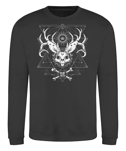 Bunny Deer Skull Geometry - rabbit, skull, bunny, space, galaxy, satanic, goth, japanese metal, kanji, japan, japanese, witch craft, gothic, dark art, death metal, deathcore, metal logo, death metal logo, deathcore font, underground, black work - Sweatshirt