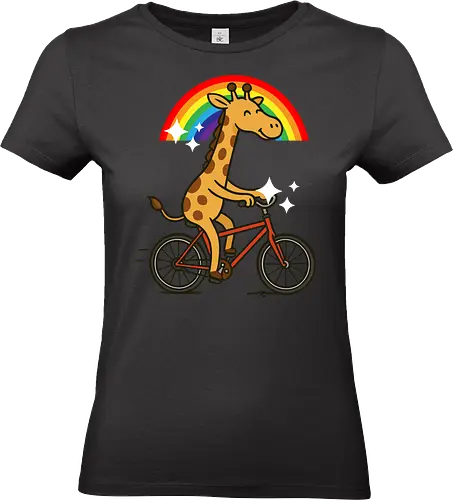  cheerful giraffe rides a bicycle - animal, cycling, giraffe, bicycle, rainbow, whimsical, playful, colorful, sparkles, cartoon - Standard T-Shirt (Frauen)