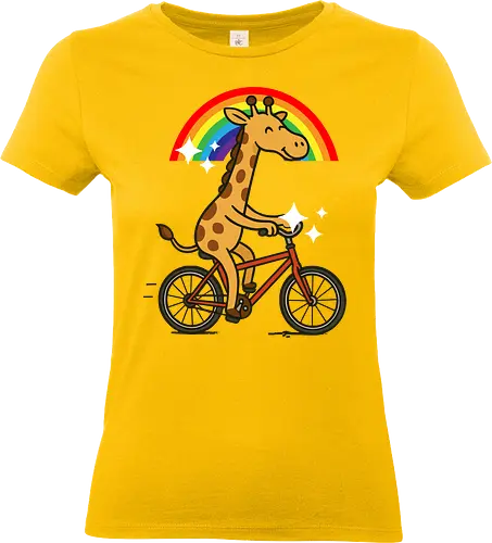  cheerful giraffe rides a bicycle - animal, cycling, giraffe, bicycle, rainbow, whimsical, playful, colorful, sparkles, cartoon - Standard T-Shirt (Frauen)