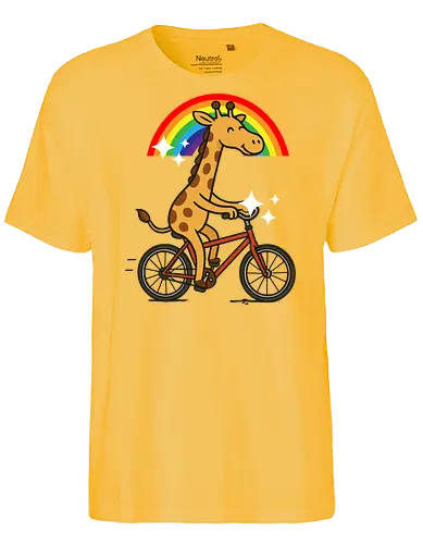  cheerful giraffe rides a bicycle - animal, cycling, giraffe, bicycle, rainbow, whimsical, playful, colorful, sparkles, cartoon - Fairtrade T-Shirt