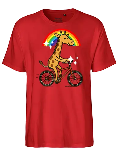  cheerful giraffe rides a bicycle - animal, cycling, giraffe, bicycle, rainbow, whimsical, playful, colorful, sparkles, cartoon - Fairtrade T-Shirt