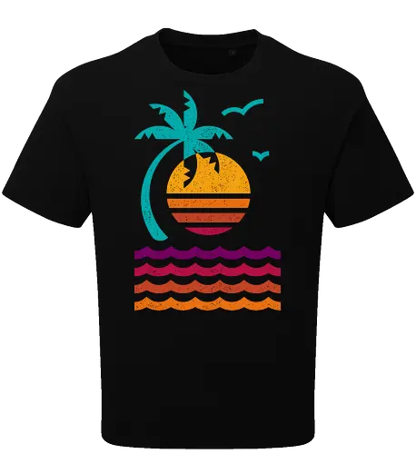 80s Sunset Beach - 80s, abstract, aesthetic, beach, california, geometric, island, miami, minimalist, nostalgia, palm tree, summer, sunset, tropical, vacation - Oversize T-Shirt