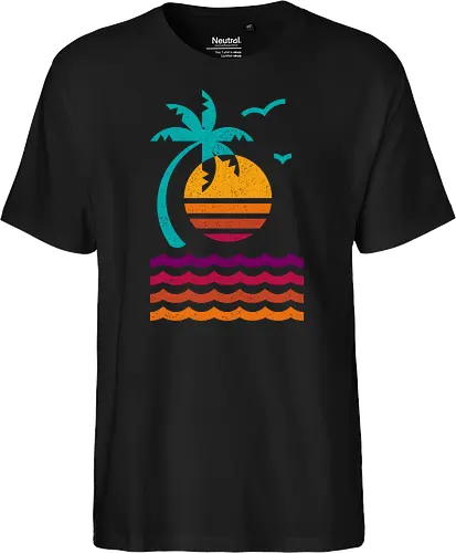 80s Sunset Beach - 80s, abstract, aesthetic, beach, california, geometric, island, miami, minimalist, nostalgia, palm tree, summer, sunset, tropical, vacation - Fairtrade T-Shirt