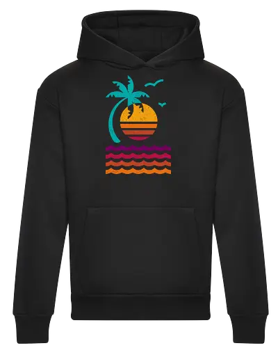 80s Sunset Beach - 80s, abstract, aesthetic, beach, california, geometric, island, miami, minimalist, nostalgia, palm tree, summer, sunset, tropical, vacation - Heavyweight Hoodie