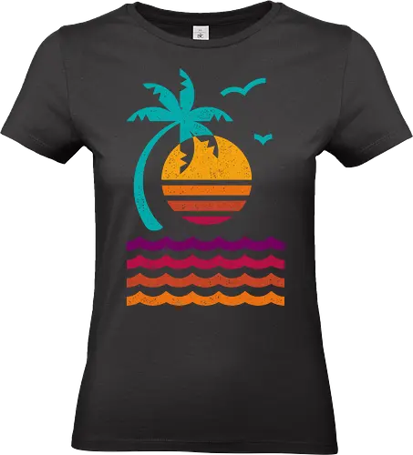 80s Sunset Beach - 80s, abstract, aesthetic, beach, california, geometric, island, miami, minimalist, nostalgia, palm tree, summer, sunset, tropical, vacation - Standard T-Shirt (Frauen)