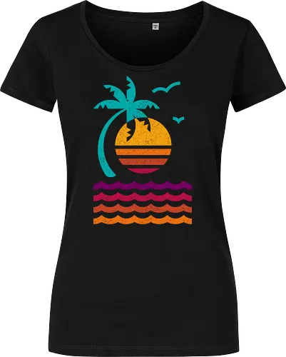 80s Sunset Beach - 80s, abstract, aesthetic, beach, california, geometric, island, miami, minimalist, nostalgia, palm tree, summer, sunset, tropical, vacation - Damen T-Shirt