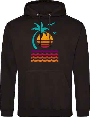 80s Sunset Beach - 80s, abstract, aesthetic, beach, california, geometric, island, miami, minimalist, nostalgia, palm tree, summer, sunset, tropical, vacation - Standard Hoodie