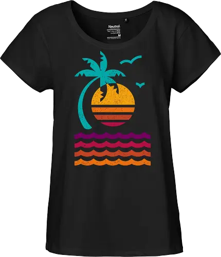 80s Sunset Beach - 80s, abstract, aesthetic, beach, california, geometric, island, miami, minimalist, nostalgia, palm tree, summer, sunset, tropical, vacation - Fairtrade Girl Shirt