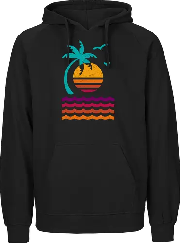 80s Sunset Beach - 80s, abstract, aesthetic, beach, california, geometric, island, miami, minimalist, nostalgia, palm tree, summer, sunset, tropical, vacation - Fairtrade Hoodie