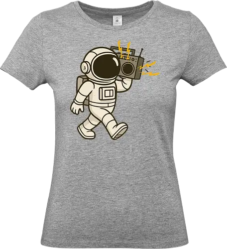 Astronaut with stereo - astronaut, boombox, music, space, walking, retro, cartoon, fun, gray, character - Standard T-Shirt (Frauen)