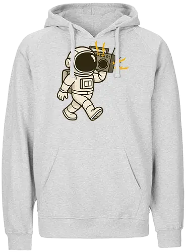 Astronaut with stereo - astronaut, boombox, music, space, walking, retro, cartoon, fun, gray, character - Fairtrade Hoodie