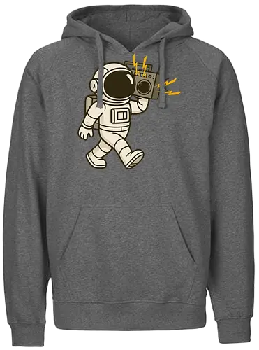 Astronaut with stereo - astronaut, boombox, music, space, walking, retro, cartoon, fun, gray, character - Fairtrade Hoodie
