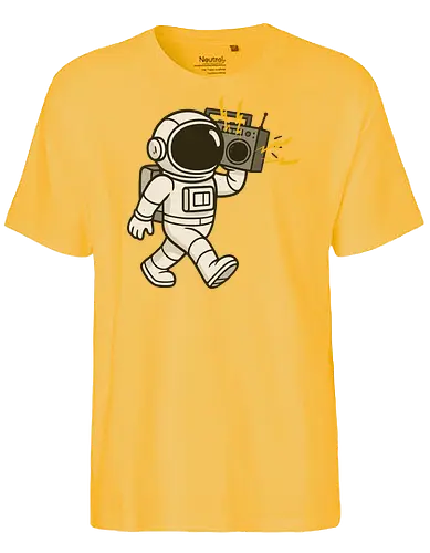 Astronaut with stereo - astronaut, boombox, music, space, walking, retro, cartoon, fun, gray, character - Fairtrade T-Shirt