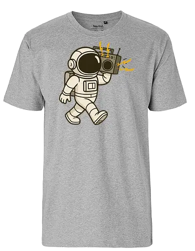 Astronaut with stereo - astronaut, boombox, music, space, walking, retro, cartoon, fun, gray, character - Fairtrade T-Shirt
