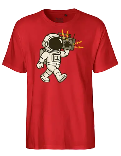Astronaut with stereo - astronaut, boombox, music, space, walking, retro, cartoon, fun, gray, character - Fairtrade T-Shirt