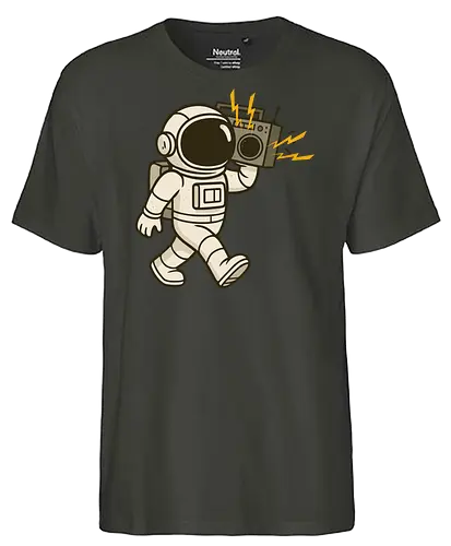 Astronaut with stereo - astronaut, boombox, music, space, walking, retro, cartoon, fun, gray, character - Fairtrade T-Shirt