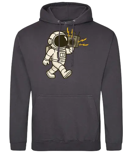 Astronaut with stereo - astronaut, boombox, music, space, walking, retro, cartoon, fun, gray, character - Standard Hoodie