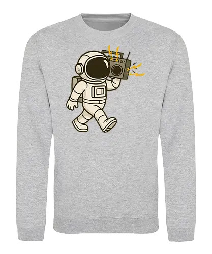 Astronaut with stereo - astronaut, boombox, music, space, walking, retro, cartoon, fun, gray, character - Sweatshirt