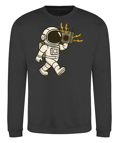 Astronaut with stereo - astronaut, boombox, music, space, walking, retro, cartoon, fun, gray, character - Sweatshirt