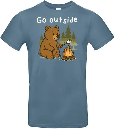 Go outside - bear, campfire, marshmallow, outdoors, pine trees, camping, nature, adventure, wilderness, text - Standard T-Shirt
