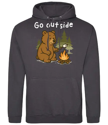 Go outside - bear, campfire, marshmallow, outdoors, pine trees, camping, nature, adventure, wilderness, text - Standard Hoodie