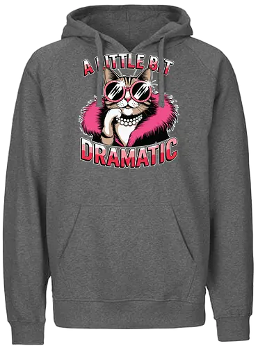 A Little Bit Dramatic - cat, fashion, sunglasses, pink, fur coat, pearls, humor, text, dramatic, accessory - Fairtrade Hoodie
