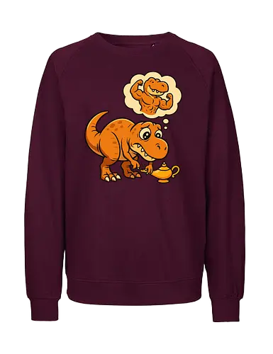 think positive - dinosaur, cartoon, genie, lamp, wish, humorous, thought bubble, imagination, muscles - Fairtrade Sweatshirt