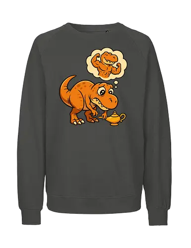 think positive - dinosaur, cartoon, genie, lamp, wish, humorous, thought bubble, imagination, muscles - Fairtrade Sweatshirt