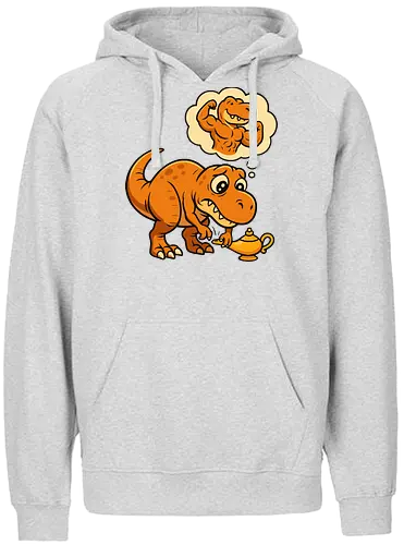 think positive - dinosaur, cartoon, genie, lamp, wish, humorous, thought bubble, imagination, muscles - Fairtrade Hoodie