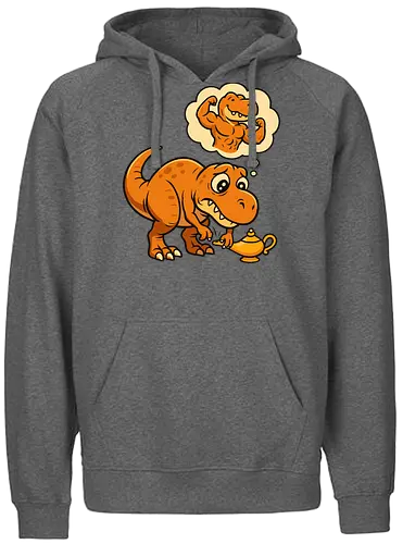think positive - dinosaur, cartoon, genie, lamp, wish, humorous, thought bubble, imagination, muscles - Fairtrade Hoodie