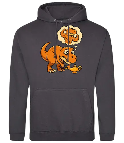 think positive - dinosaur, cartoon, genie, lamp, wish, humorous, thought bubble, imagination, muscles - Standard Hoodie