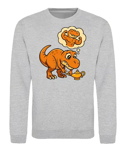 think positive - dinosaur, cartoon, genie, lamp, wish, humorous, thought bubble, imagination, muscles - Sweatshirt