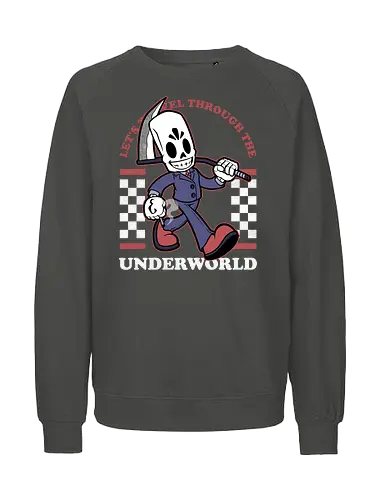 Game Mascot Travel Reaper - Video Games, Video Game, Game, Games, Gamer, Mascot, Retro, Vintage, Retro Vintage, Retro Gamer, Retro Cartoon, Fantasy, Adventure, Classic, Death, Grim Reaper, Soul Reaper, Skull, Skeleton, Investigate, Investigation, Noir - Fairtrade Sweatshirt