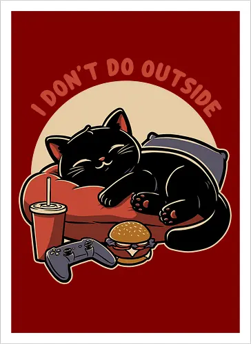 Lazy Gamer Cat  - black cat, cat, pet, food, video game, game, nerd, geek, outside, fast food, cute, burger, hamburger, tv show, movies, lazy, tired - Kunstdruck