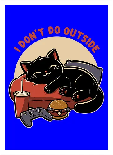 Lazy Gamer Cat  - black cat, cat, pet, food, video game, game, nerd, geek, outside, fast food, cute, burger, hamburger, tv show, movies, lazy, tired - Kunstdruck