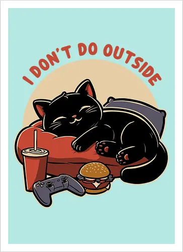 Lazy Gamer Cat  - black cat, cat, pet, food, video game, game, nerd, geek, outside, fast food, cute, burger, hamburger, tv show, movies, lazy, tired - Kunstdruck