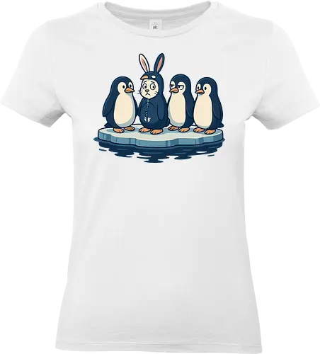 imposter - penguins, ice float, rabbit costume, humor, contrast, quizzical, expressions, whimsical, scene, playful - Standard T-Shirt (Frauen)