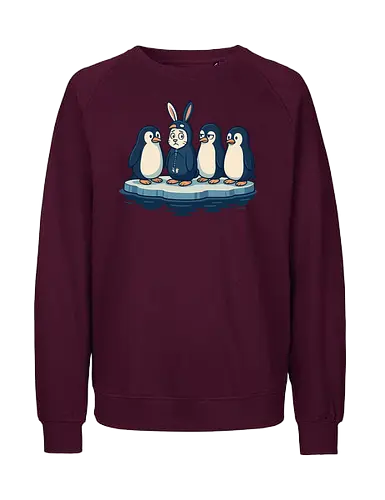 imposter - penguins, ice float, rabbit costume, humor, contrast, quizzical, expressions, whimsical, scene, playful - Fairtrade Sweatshirt