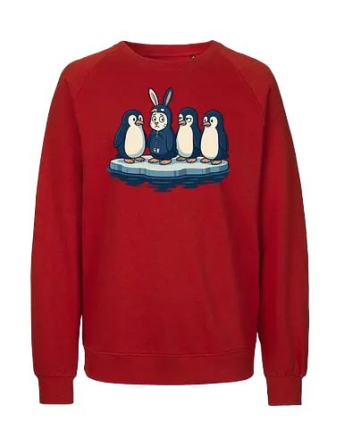 imposter - penguins, ice float, rabbit costume, humor, contrast, quizzical, expressions, whimsical, scene, playful - Fairtrade Sweatshirt
