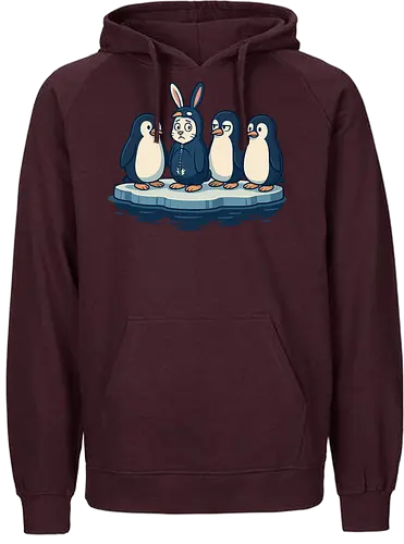 imposter - penguins, ice float, rabbit costume, humor, contrast, quizzical, expressions, whimsical, scene, playful - Fairtrade Hoodie