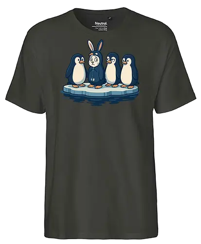 imposter - penguins, ice float, rabbit costume, humor, contrast, quizzical, expressions, whimsical, scene, playful - Fairtrade T-Shirt