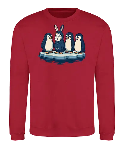 imposter - penguins, ice float, rabbit costume, humor, contrast, quizzical, expressions, whimsical, scene, playful - Sweatshirt