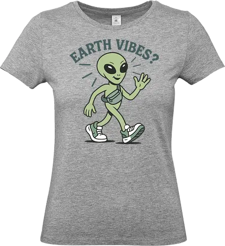 EARTH VIBES? - alien, cartoon, walking, sneaker, bag, casual, playful, text, typography, vibe - Standard T-Shirt (Frauen)