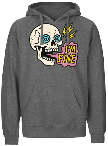 skull i'm fine - skull, cartoon, humor, text, lightning, pop art, design, expression, colorful, digital art - Fairtrade Hoodie
